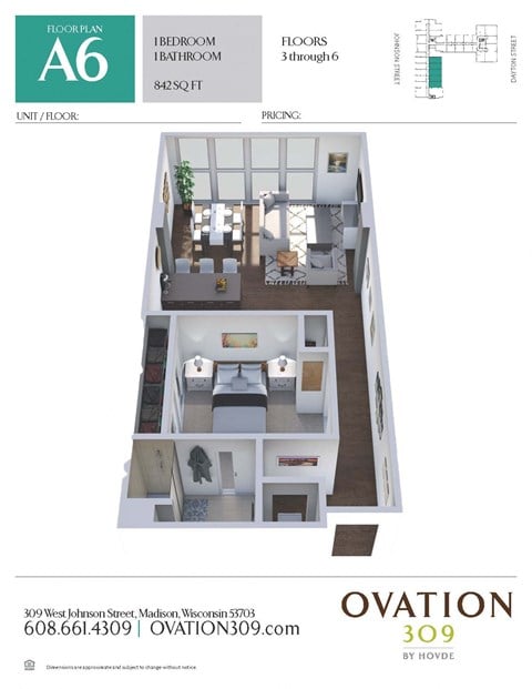 Floor plan for 1 bed, 1 bath, 842 sqft